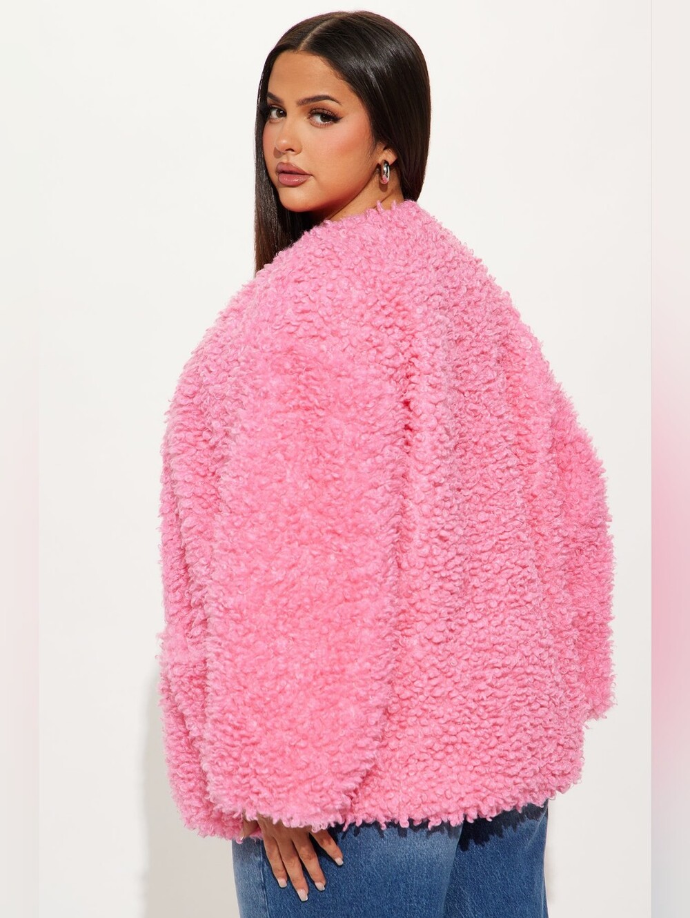 Pink Faux-Shearling Open-Front Jacket With Pockets - Picture 7 of 8